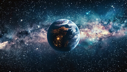 Obraz premium A planet is floating in space with a bright light shining on it by AI generated image