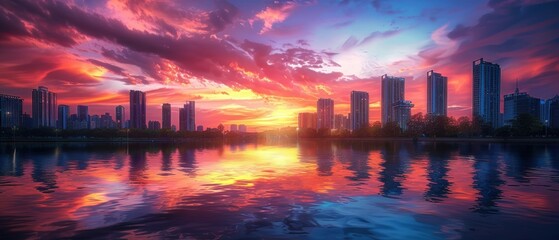 Fototapeta premium City skyline with a dramatic sunset and reflecting water