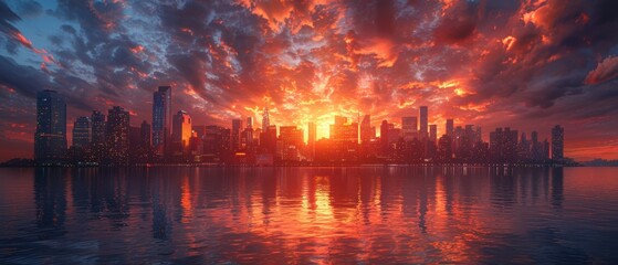 Obraz premium City skyline with a dramatic sunset and reflecting water