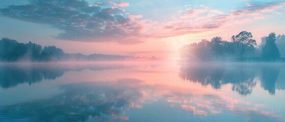 Clear background of a calm lake at dawn, with mist rising and soft pastel colors, perfect for peaceful themes