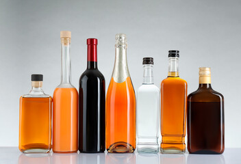 Bottles of different alcoholic drinks on white table against light background