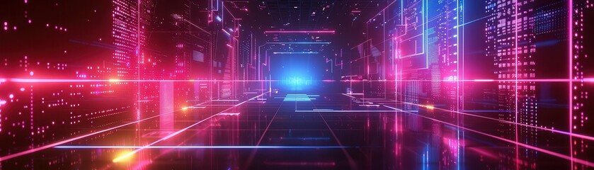 Fototapeta premium 3D illustration of a digital haunted house with holographic ghosts and neon light patterns, modern and spooky