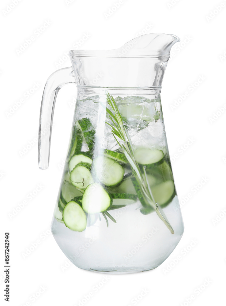 Wall mural refreshing cucumber water with rosemary in jug isolated on white - Wall murals