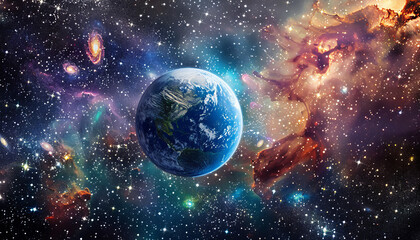 A colorful space scene with a blue planet in the center by AI generated image