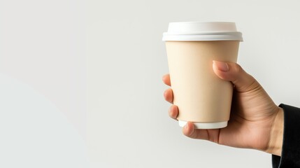 Closeup of hand holding white paper coffee cup isolated on white background. 