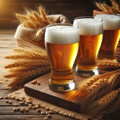 Glasses of light beer with spikelets of barley on the wooden background.  Copy space for text