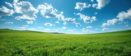 Fototapeta premium Clear sky with a few fluffy white clouds over a rolling green meadow, perfect for a peaceful and idyllic countryside scene, Photography, taken with a 35mm lens,