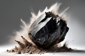 Obraz premium Rock stone white background fall black falling space isolated splash dust mountain cliff flying. Earth stone boulder texture rock abstract broken powder white dirt blast float burst fantasy surface. 