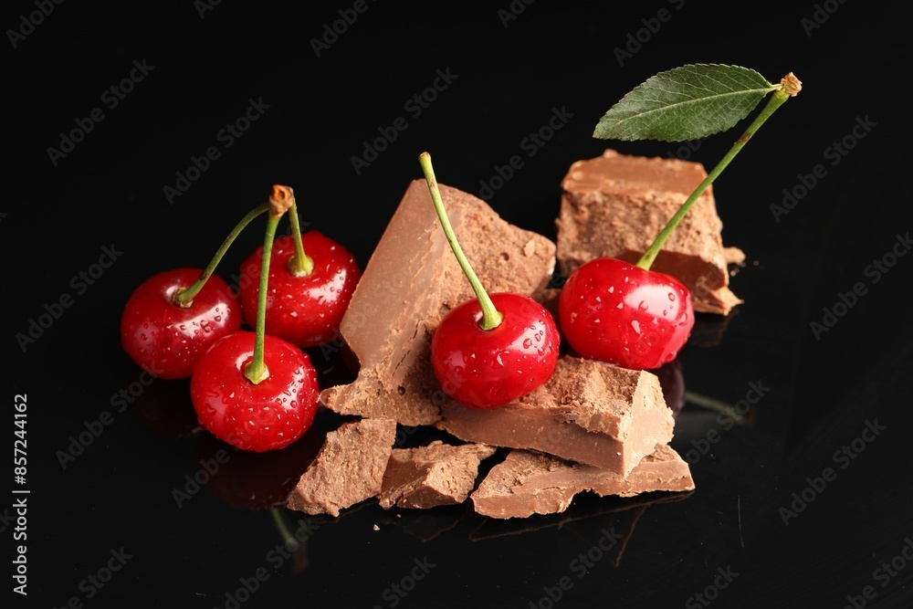 Poster fresh cherries with pieces of milk chocolate on black mirror surface - Posters