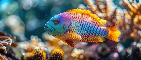 Fototapeta premium Close-up of a brightly colored parrotfish feeding on coral