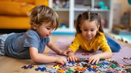 Two young children, a boy and a girl, are lying on the floor indoors solving a puzzle together, depicting a moment of teamwork, concentration, and playful learning in a cozy setting.