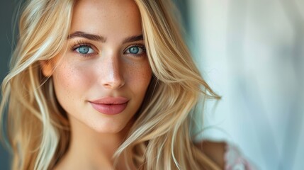 Fototapeta premium A close-up of a blonde woman with blue eyes and delicate freckles, captured in bright natural light. Her serene expression and the airy setting radiate peaceful beauty.
