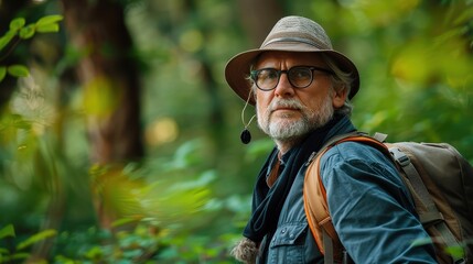 An elderly man with a hat and backpack in a lush green forest, seemingly on an adventure showcasing his expertise in hiking and outdoor exploration.