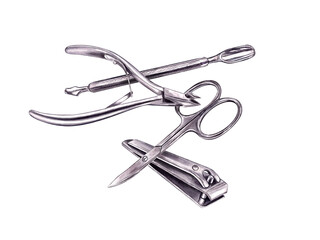 Manicure accessory group. Metal scissors, nail clipper, pusher and nipper. Isometric view. Steel glossy tools steel for nail treatment. Watercolor illustration. For beauty salon design.