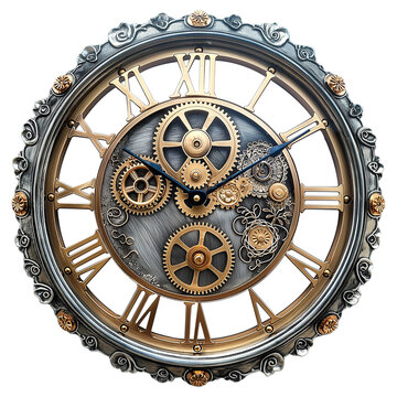 Steampunk inspired clock featuring intricate gears isolated on transparent background