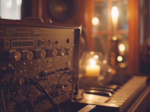 Old theremin in a 1930s parlor, warm candlelight, intricate knobs and dials, medium shot, vintage filter, timeless ambiance