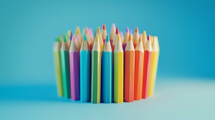 Fototapeta premium Back to school. Crayons - colorful pencil set loosely arranged on isolated on a blue background