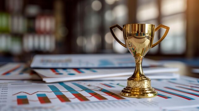 Triumph in Finance: Golden Trophy on Stack of Stock Market Reports Signifying Success and Recognition in Investments