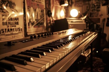 Vintage electric keyboard in a 1970s music studio, retro posters, warm ambient light, closeup shot, sepia tones, nostalgic vibe
