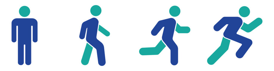 icon set Man stands, walk and run icon set. People symbol. Person standing, walking and running illustration. Run, walk, stand. Vector illustration