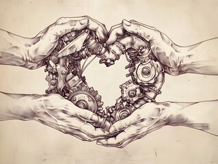 A hand-drawn heart held by a woman surrounded by flowers and patterns in an artistic black ink sketch with waves of color and light
