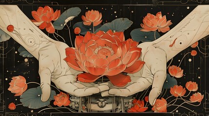 A red rose in the garden and on paper with flowers blooming beautifully
