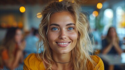Fototapeta premium Close-up portrait of a smiling young woman with green eyes and freckles, captured in a brightly lit indoor setting with blurred background.