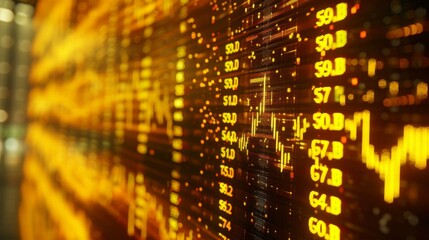 Abstract image of electronic stock ticker display with glowing numbers and blurred city lights in the background.