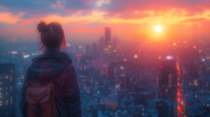 Obraz premium Person overlooking a cityscape at sunset with a vibrant orange and pink sky, capturing a serene and contemplative moment from a high vantage point, with buildings fading into the distance. 