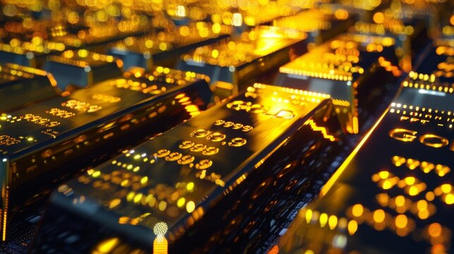 Abstract image of electronic stock ticker display with glowing numbers and blurred city lights in the background.
