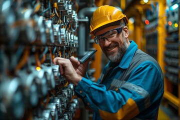 Smiling Industrial Worker Inspecting Equipment In A Manufacturing Facility