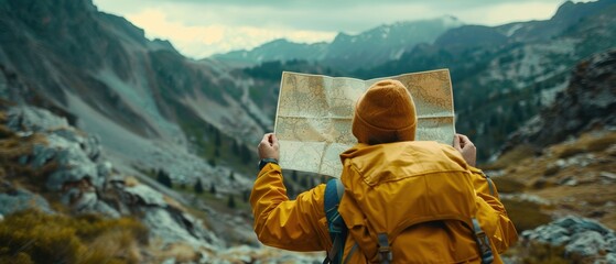 Close-up of a person holding a map while hiking in the mountains