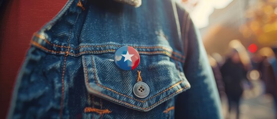 Close-up of a political campaign button pinned on a person's jacket, patriotic design, set against a blurred background of a rally, bright and sharp focus