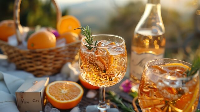 Refreshing Orange Gin Cocktails With Rosemary Garnish on a Sunny Day