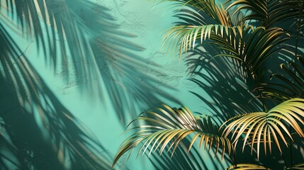 Vibrant Monstera fronds casting shadows on a teal wall, highlighting the interplay of light and shadow, creating a tropical and dynamic visual effect.