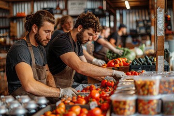 Obraz premium A group of volunteers sorting donations at a food bank, organizing canned goods and fresh produce on shelves, and packing boxes for distribution. 