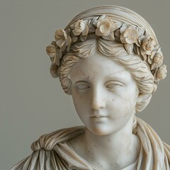 Marble statue of woman in Ancient Greek style. Ancient Greek statue of a beautiful noblewoman looking into the distance. Ancient roman architecture