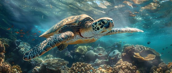 Fototapeta premium Close-up of a sea turtle gliding gracefully over a coral bed