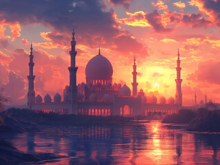 Obraz premium an illustration of big mosque at sunset view