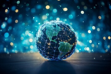 Digital Globe with Connected Network Over Modern City Skyline. Generative AI