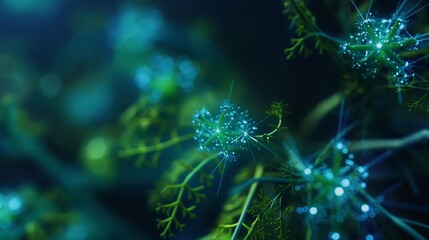 Zoomed-in view of futuristic bio-lights on a plant, emphasizing the bright, intricate glow and advanced genetic engineering.