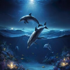 Night ocean magical fantasy artwork with splashing water, dolphins, moon and underwater marine life. Beautiful waves in a frame.