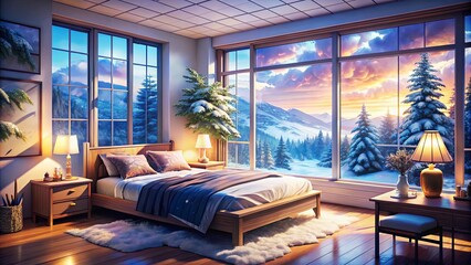 Cozy anime-themed bedroom with a winter setting. Snowflakes adorn the walls, while figurines of favorite anime characters add a personal touch.