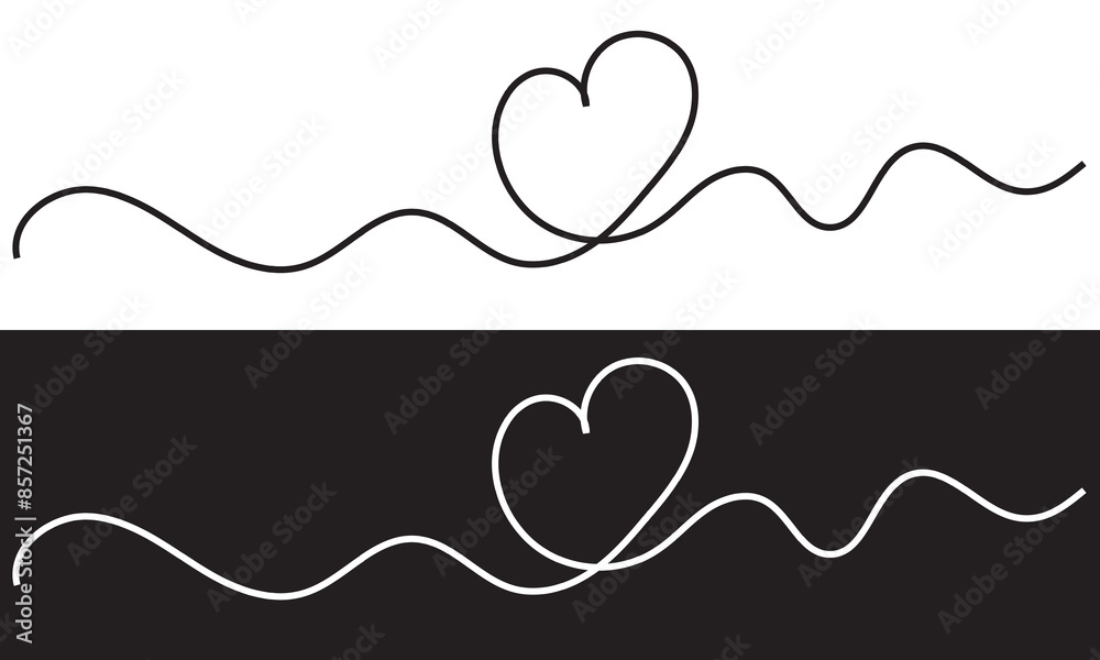 Wall mural Continuous line drawing of heart. One line drawing  isolated on white and black background. Vector illustration. Single line love symbol. EPS 10