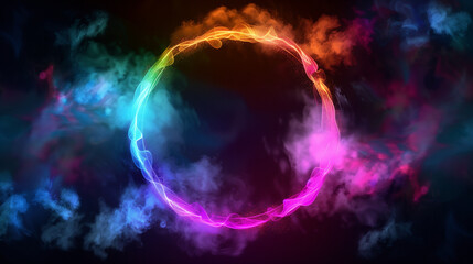 Obraz premium Neon Circle with Colorful Smoke: Futuristic Abstract Design with Pink and Blue Light on Black Background 