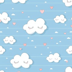 Seamless pattern of cute clouds with hearts on blue background