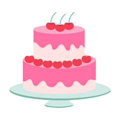 A pink cake with cherries on top. The cake is on a white plate