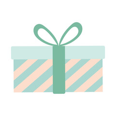 A gift box with a green ribbon tied around it. The box is decorated with stripes and has a white background