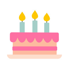 A pink cake with three candles on it. The candles are lit and the cake is on a white background