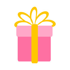 A pink box with a yellow bow on top. The box is decorated with a yellow ribbon and is sitting on a white background